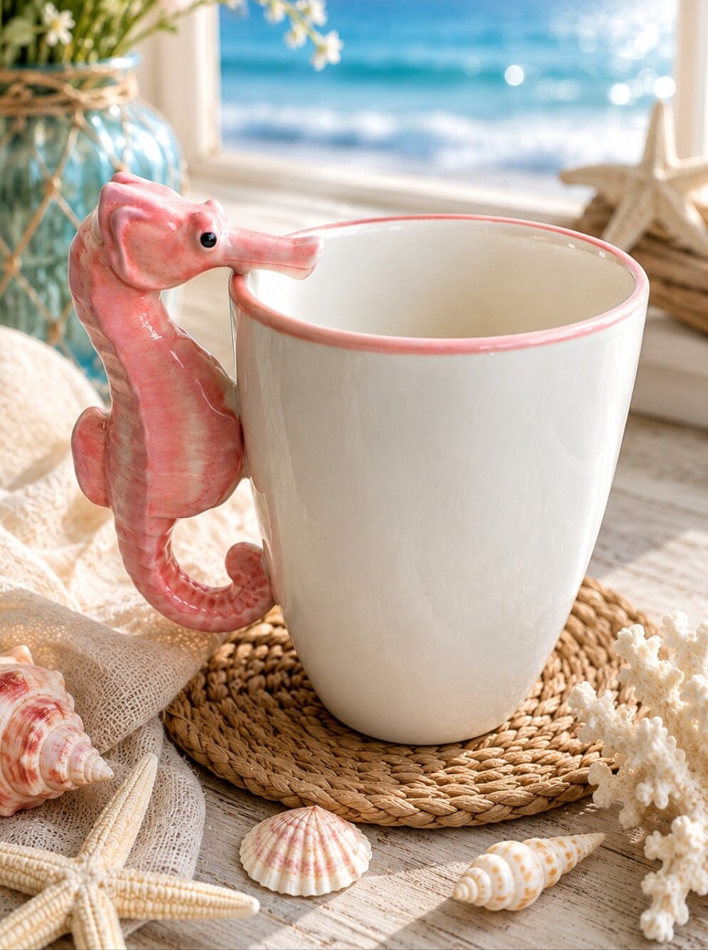 World Market Pink Seahorse Handle Mug Coastal Beach Cottagecore Coffee Cup